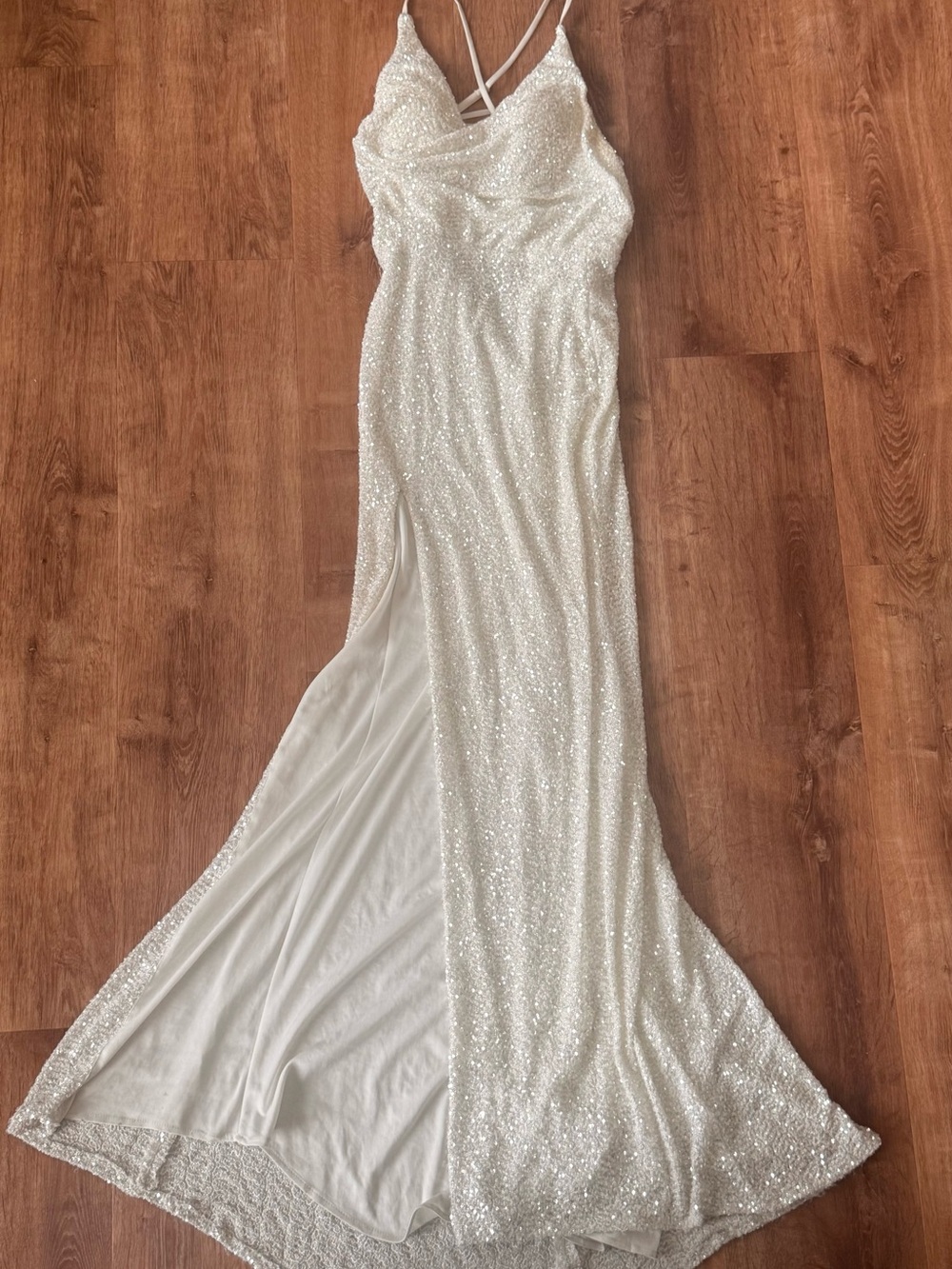 La Femme White Sequin Strappy Formal Dress